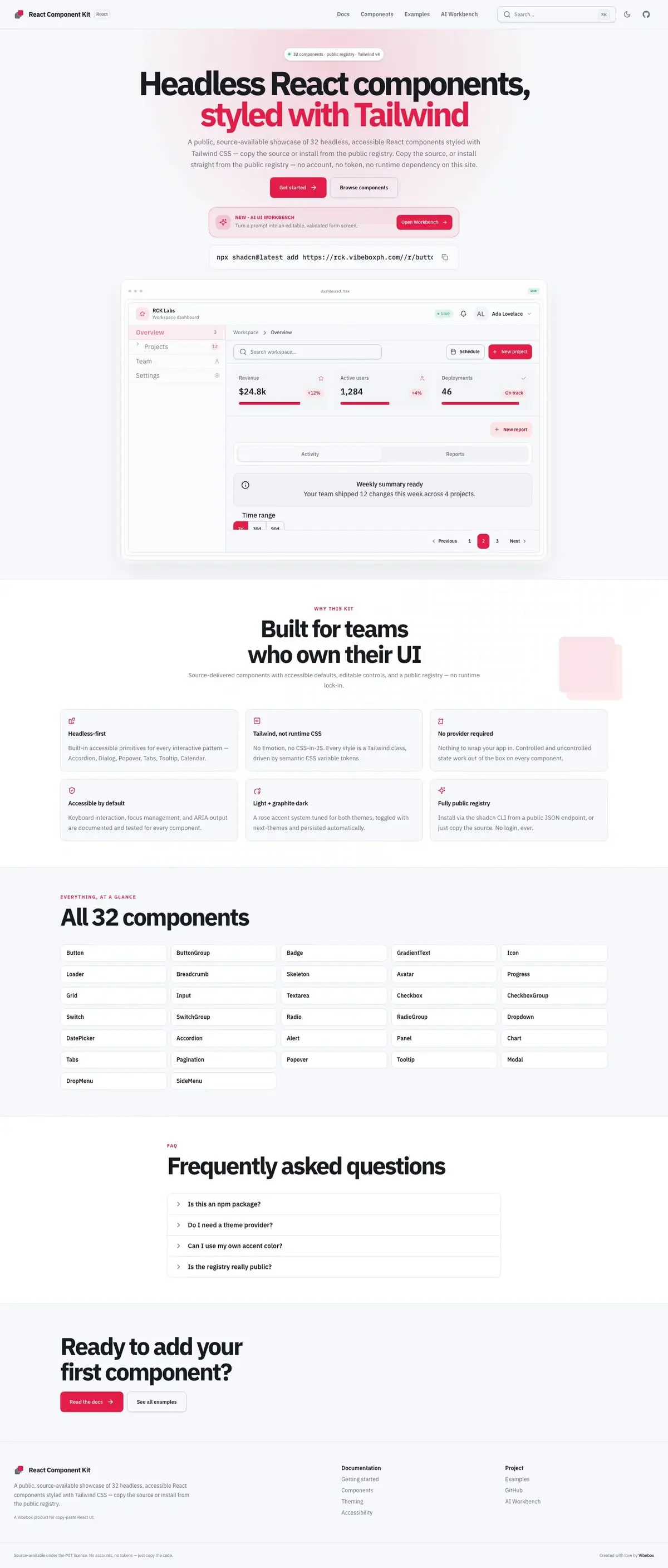 React Component Kit, the full page